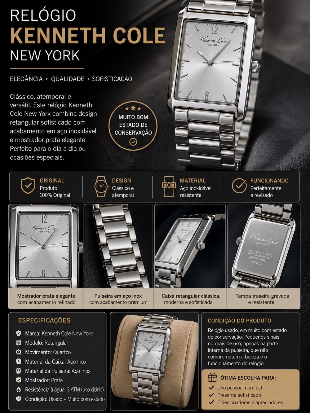 Kenneth Cole Men’s Silver Stainless Steel Rectangular Watch